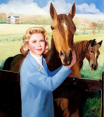 A painting of Joan White Howell standing beside a horse with the Clay Hill Plantation House in the background.