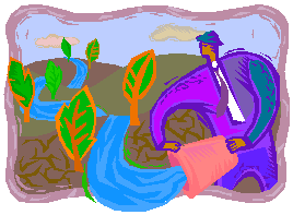 a caricature of a man dumping a bucket of water which flows to form a stream.  Everything that is done upstream affects everything downstream.